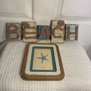 BEACH Hanging Decoration With Distressed Wood Look And Rope Letters And Frame.